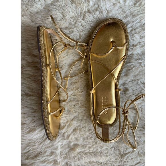 SCHUTZ Kittie Crystal Embellished Metallic & Nappa Leather Wraparound Flat Sanda - Picture 11 of 12